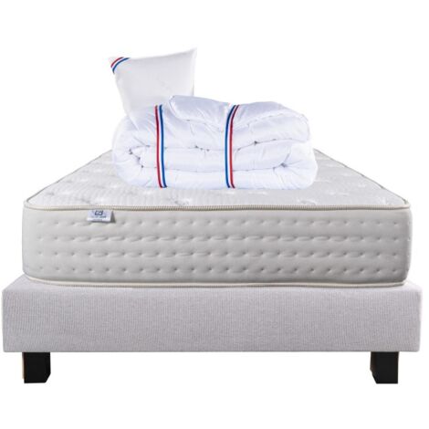 Ensemble Matelas Purlux, 26 cm, mousses haute densité, ferme, face été/hiver + sommier gris ep20cm + oreiller + couette, 90x190cm