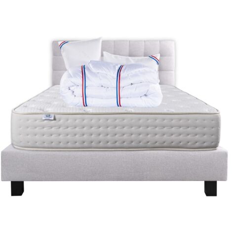 Ensemble Matelas Purlux, 26 cm, mousses haute densité, ferme, face été/hiver+sommier gris ep20cm+oreiller+couette+Tête de Lit, 140x190cm