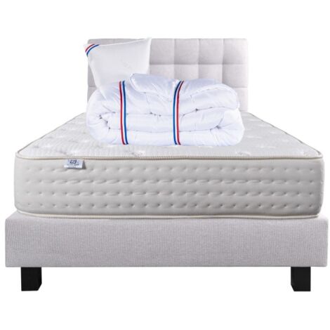 Ensemble Matelas Purlux, 26 cm, mousses haute densité, ferme, face été/hiver+sommier gris ep20cm+oreiller+couette+Tête de Lit, 90x190cm