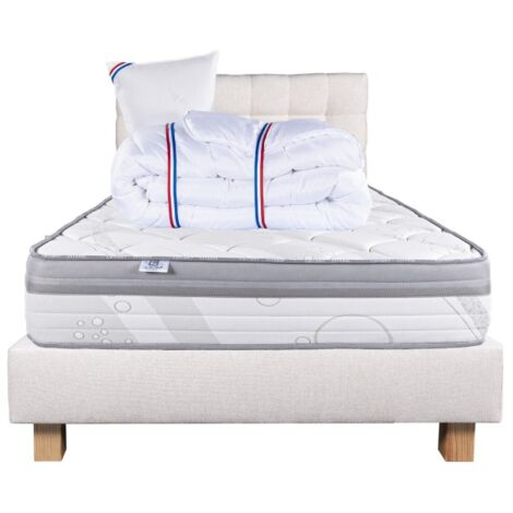 Ensemble Matelas Relaxation, 26 cm, ressorts ensachés, ferme, face été/hiver+sommier beige ep20cm+oreiller+couette+Tête de Lit, 90x190cm