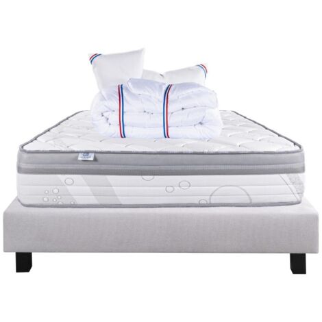 Ensemble Matelas Relaxation, 26 cm, ressorts ensachés, ferme, face été/hiver + sommier gris ep20cm + oreiller + couette, 140x190cm