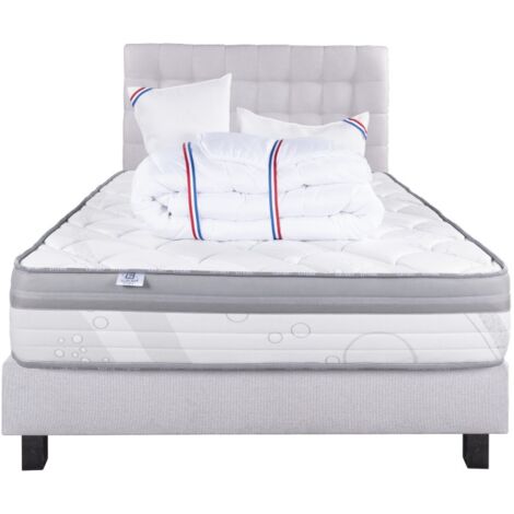 Ensemble Matelas Relaxation, 26 cm, ressorts ensachés, ferme, face été/hiver+sommier gris ep20cm+oreiller+couette+Tête de Lit, 160x200cm