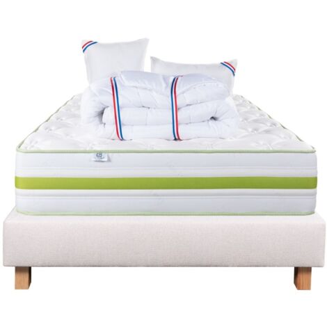 Ensemble Matelas Rêverie, 30 cm, mousses haute densité, ferme, face été/hiver + sommier beige ep20cm + oreiller + couette, 140x190cm