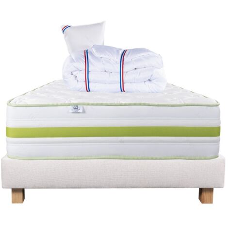 Ensemble Matelas Rêverie, 30 cm, mousses haute densité, ferme, face été/hiver + sommier beige ep20cm + oreiller + couette, 90x190cm