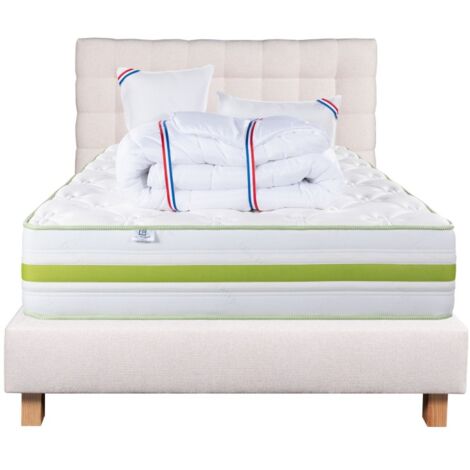 Ensemble Matelas Rêverie, 30 cm, mousses haute densité, ferme, face été/hiver+sommier beige ep20cm+oreiller+couette+Tête de Lit, 140x190cm