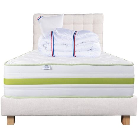 Ensemble Matelas Rêverie, 30 cm, mousses haute densité, ferme, face été/hiver+sommier beige ep20cm+oreiller+couette+Tête de Lit, 90x190cm