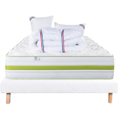 Ensemble Matelas Rêverie, 30 cm, mousses haute densité, ferme, face été/hiver + sommier blanc ep 13cm + oreiller + couette, 140x190cm