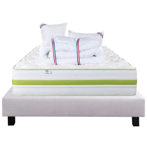 Ensemble Matelas Rêverie, 30 cm, mousses haute densité, ferme, face été/hiver + sommier gris ep20cm + oreiller + couette, 140x190cm