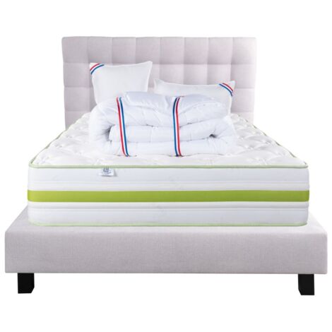 Ensemble Matelas Rêverie, 30 cm, mousses haute densité, ferme, face été/hiver+sommier gris ep20cm+oreiller+couette+Tête de Lit, 140x190cm