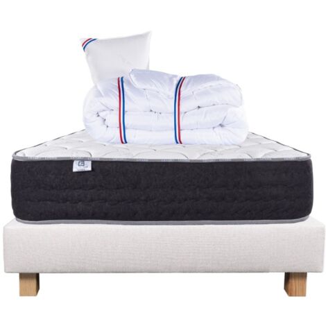 Ensemble Matelas Serenite, 27 cm, ressorts ensachés, ferme, face été/hiver + sommier beige ep20cm + oreiller + couette, 90x190cm