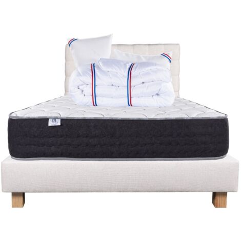 Ensemble Matelas Serenite, 27 cm, ressorts ensachés, ferme, face été/hiver+sommier beige ep20cm+oreiller+couette+Tête de Lit, 140x190cm