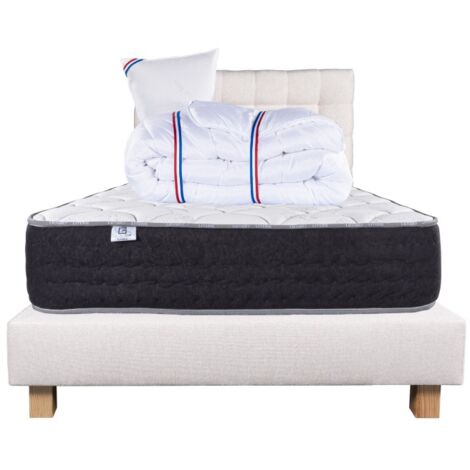 Ensemble Matelas Serenite, 27 cm, ressorts ensachés, ferme, face été/hiver+sommier beige ep20cm+oreiller+couette+Tête de Lit, 90x190cm