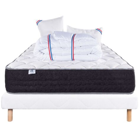 Ensemble Matelas Serenite, 27 cm, ressorts ensachés, ferme, face été/hiver + sommier blanc ep 13cm + oreiller + couette, 140x190cm