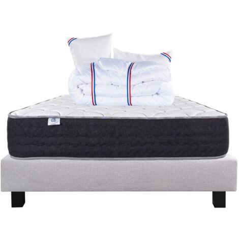 Ensemble Matelas Serenite, 27 cm, ressorts ensachés, ferme, face été/hiver + sommier gris ep20cm + oreiller + couette, 160x200cm