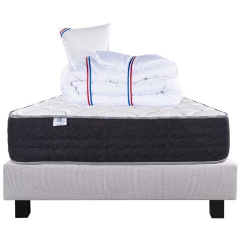 Ensemble Matelas Serenite, 27 cm, ressorts ensachés, ferme, face été/hiver + sommier gris ep20cm + oreiller + couette, 90x190cm