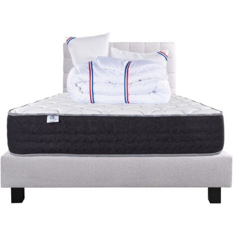 Ensemble Matelas Serenite, 27 cm, ressorts ensachés, ferme, face été/hiver+sommier gris ep20cm+oreiller+couette+Tête de Lit, 140x190cm