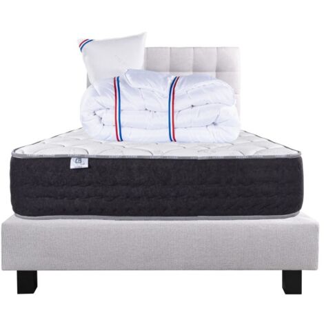 Ensemble Matelas Serenite, 27 cm, ressorts ensachés, ferme, face été/hiver+sommier gris ep20cm+oreiller+couette+Tête de Lit, 90x190cm