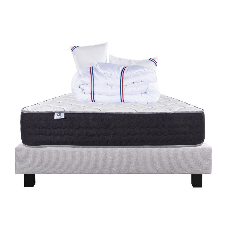 Blumie - Ensemble Matelas Serenite, 27 cm, ressorts ensachés, ferme, face été/hiver + sommier gris ep20cm + oreiller + couette, 160x200cm
