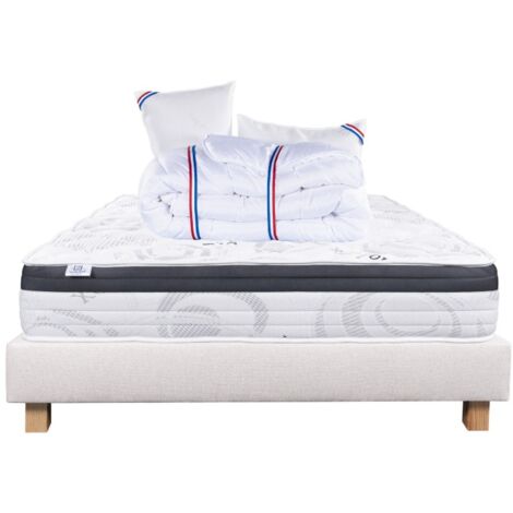 Ensemble Matelas Sleeplux, 26 cm, mousses haute densité, ferme, face été/hiver + sommier beige ep20cm + oreiller + couette, 140x190cm