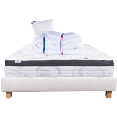 Ensemble Matelas Sleeplux, 26 cm, mousses haute densité, ferme, face été/hiver + sommier beige ep20cm + oreiller + couette, 90x190cm