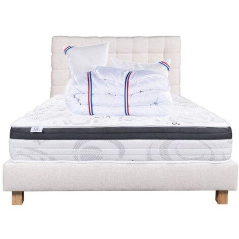 Ensemble Matelas Sleeplux, 26 cm, mousses haute densité, ferme, face été/hiver+sommier beige ep20cm+oreiller+couette+Tête de Lit, 140x190cm