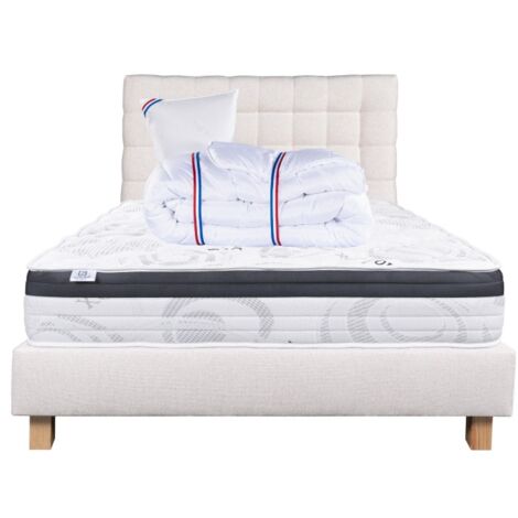 Ensemble Matelas Sleeplux, 26 cm, mousses haute densité, ferme, face été/hiver+sommier beige ep20cm+oreiller+couette+Tête de Lit, 90x190cm