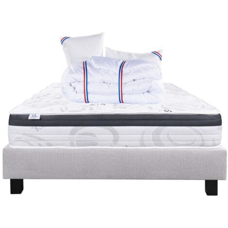 Ensemble Matelas Sleeplux, 26 cm, mousses haute densité, ferme, face été/hiver + sommier gris ep20cm + oreiller + couette, 160x200cm