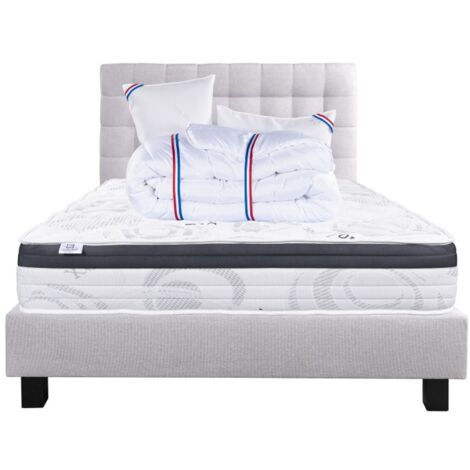 Ensemble Matelas Sleeplux, 26 cm, mousses haute densité, ferme, face été/hiver+sommier gris ep20cm+oreiller+couette+Tête de Lit, 160x200cm