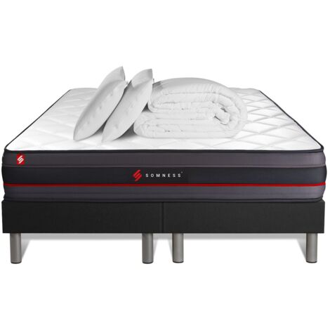 Ensemble matelas sommier 160 x 200 cm – Mémoire de forme ferme 24 cm – 2 oreillers et couette – Coutil respirant Oeko-Tex – Somness