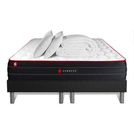 Ensemble matelas sommier 200 x 200 cm – Mousse à mémoire de forme et ressorts ensachés – Épaisseur 26 cm – 2 oreillers et couette inclus – Somness