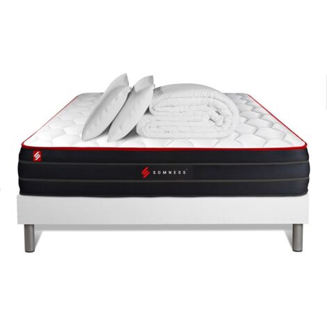 Ensemble matelas sommier Boost 140 x 200 cm - Couleur : Blanc avec 2 oreillers et couette