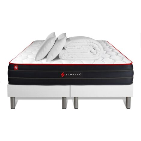 Ensemble matelas sommier Boost 180 x 200 cm - Couleur : Blanc avec 2 oreillers et couette