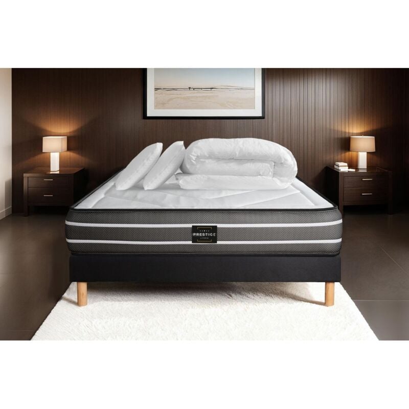 Ensemble matelas sommier Exclusive 160 x 200 cm - Couleur : Noir avec 2 oreillers et couette