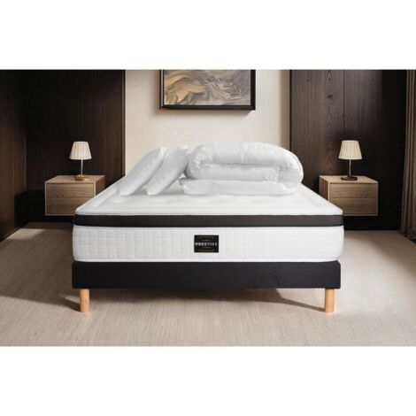 Ensemble matelas sommier Privilège 140 x 190 cm - Couleur : Noir avec 2 oreillers et couette