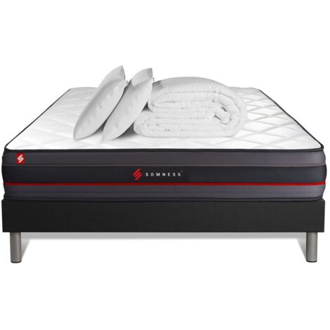 Ensemble matelas sommier Regen 140 x 200 cm - Couleur : Noir avec 2 oreillers et couette
