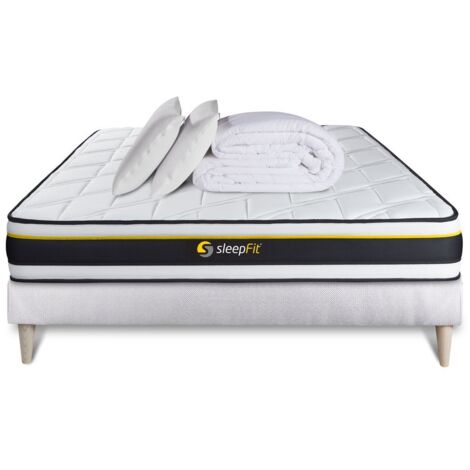Ensemble matelas sommier Soft 140 x 190 cm - Couleur : Blanc avec 2 oreillers et couette