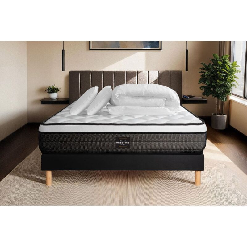 Ensemble matelas sommier Suite 140 x 190 cm - Couleur : Noir avec 2 oreillers et couette