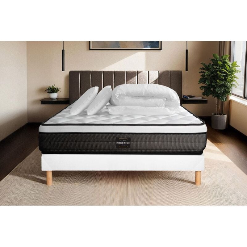 Ensemble matelas sommier Suite 160 x 200 cm - Couleur : Blanc avec 2 oreillers et couette