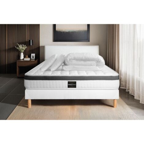 Ensemble matelas sommier Supérieur 180 x 200 cm - Couleur : Blanc avec 2 oreillers et couette