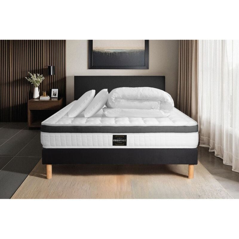 Prestige Literie - Ensemble matelas sommier Supérieur 140 x 190 cm - Couleur : Noir avec 2 oreillers et couette