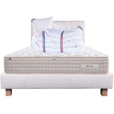 Ensemble Matelas Sublime, 20 cm, mousses haute densité, ferme, face été/hiver + sommier beige ep20cm + oreiller + couette, 160x200cm