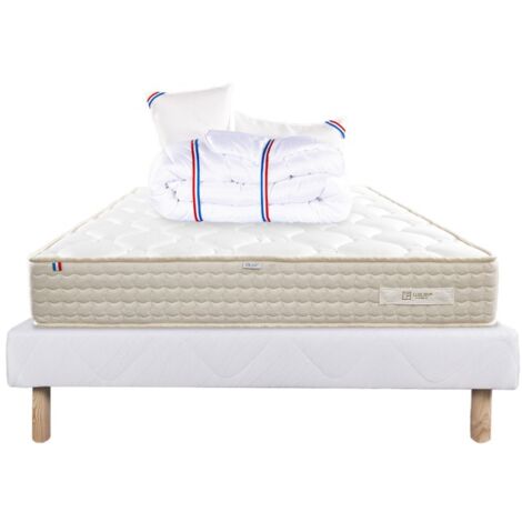 Ensemble Matelas Sublime, 20 cm, mousses haute densité, ferme, face été/hiver + sommier blanc ep 13cm + oreiller + couette, 140x200cm
