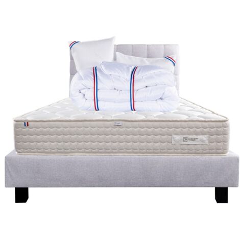 Ensemble Matelas Sublime, 20 cm, mousses haute densité, ferme, face été/hiver + sommier gris ep20cm + oreiller + couette, 140x200cm
