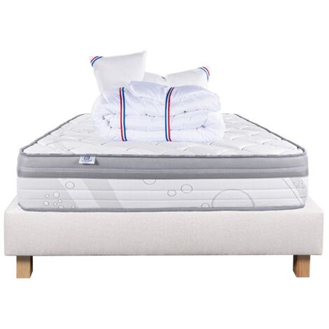 Ensemble Matelas ViscoPlus, 26 cm, mousses haute densité, ferme, face été/hiver + sommier beige ep20cm + oreiller + couette, 160x200cm