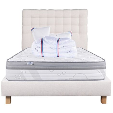 Ensemble Matelas ViscoPlus 26 cm, mousses haute densité, ferme, face été/hiver+sommier beige ep20cm+oreiller+couette+Tête de Lit, 140x190cm