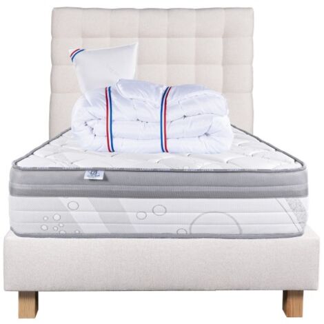 Ensemble Matelas ViscoPlus 26 cm, mousses haute densité, ferme, face été/hiver+sommier beige ep20cm+oreiller+couette+Tête de Lit, 90x190cm
