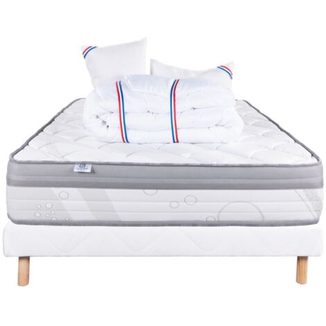 Ensemble Matelas ViscoPlus, 26 cm, mousses haute densité, ferme, face été/hiver + sommier blanc ep 13cm + oreiller + couette, 140x190cm