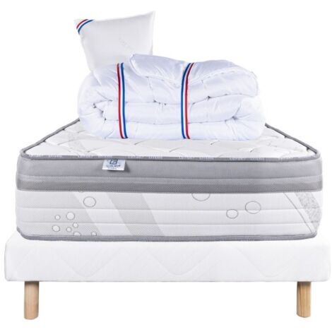 Ensemble Matelas ViscoPlus, 26 cm, mousses haute densité, ferme, face été/hiver + sommier blanc ep 13cm + oreiller + couette, 90x190cm
