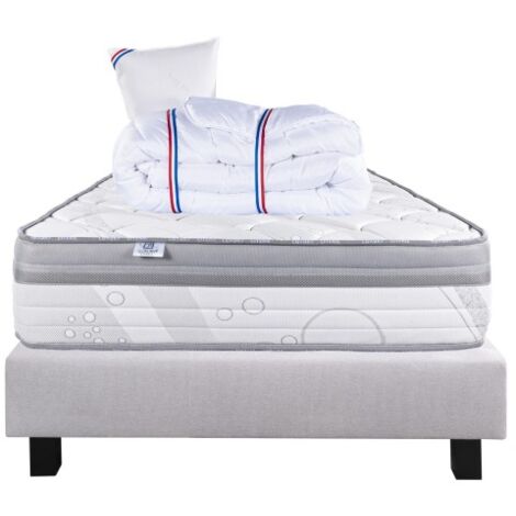 Ensemble Matelas ViscoPlus, 26 cm, mousses haute densité, ferme, face été/hiver + sommier gris ep20cm + oreiller + couette, 140x200cm