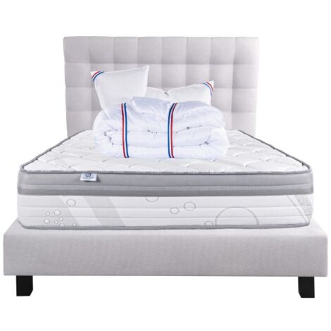 Ensemble Matelas ViscoPlus, 26 cm, mousses haute densité, ferme, face été/hiver+sommier gris ep20cm+oreiller+couette+Tête de Lit, 140x190cm